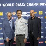  Pressekonferenz Central European Rally, 16. Oktober 2023 in München. V. l. n. r.: Dr. Gerd Ennser (ADAC Sportpräsident), Sébastien Ogier (achtfacher Rallye-Weltmeister), Jona Siebel (Managing Director WRC)